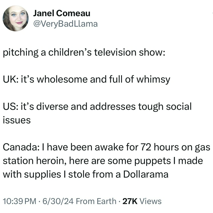 screenshot - Janel Comeau pitching a children's television show Uk it's wholesome and full of whimsy Us it's diverse and addresses tough social issues Canada I have been awake for 72 hours on gas station heroin, here are some puppets I made with supplies 